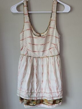 Cream Mini Dress with Rust Accent Stitching Embroidered Border Print